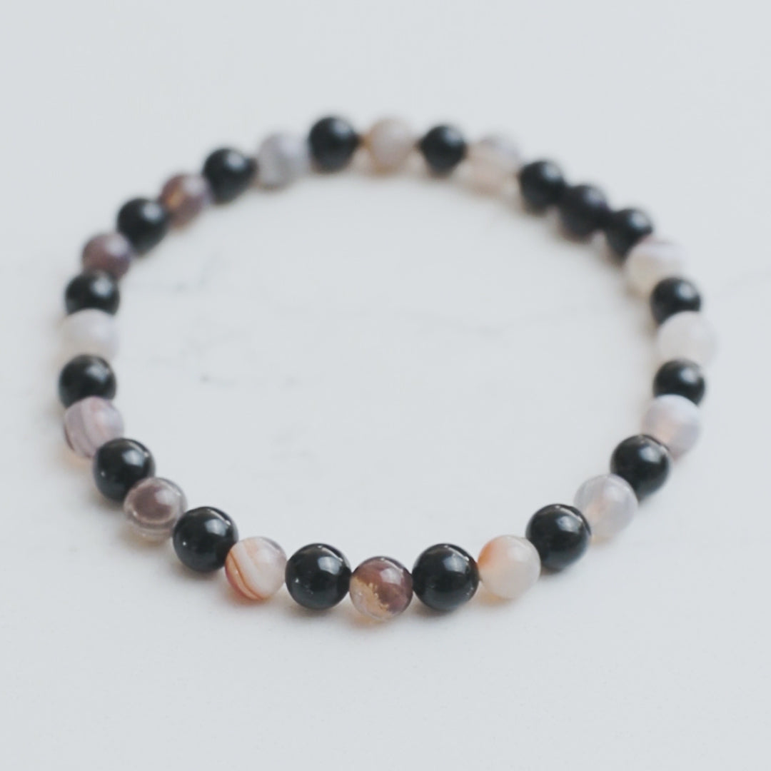Black Tourmaline, Botswana Agate Mens Stone Bracelet