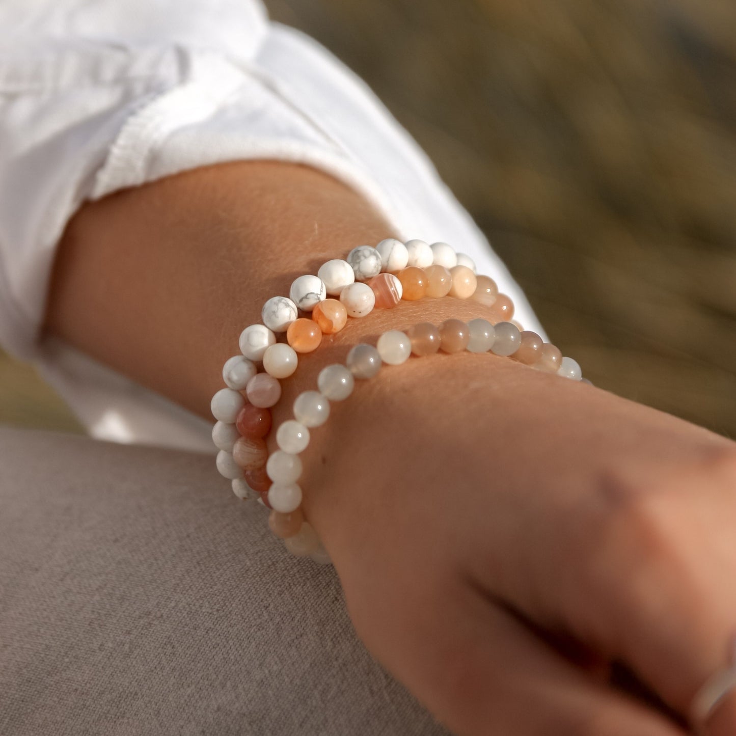 Magnesite "Safari" Bracelet model hand stacked